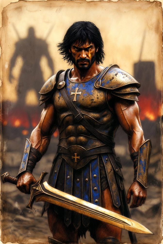 Argeios the Bold — black-haired bearded warrior in cross-marked bronze armor holding a great sword on a fiery battlefield