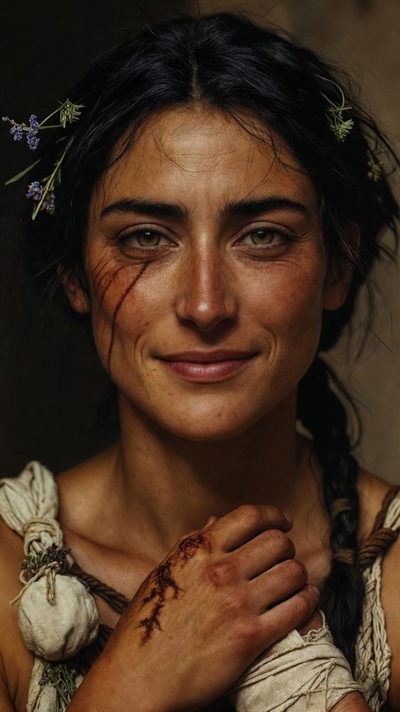 Elpis the Muse — dark-haired woman with lavender in her hair and a healing scar on her cheek, a faint hopeful smile