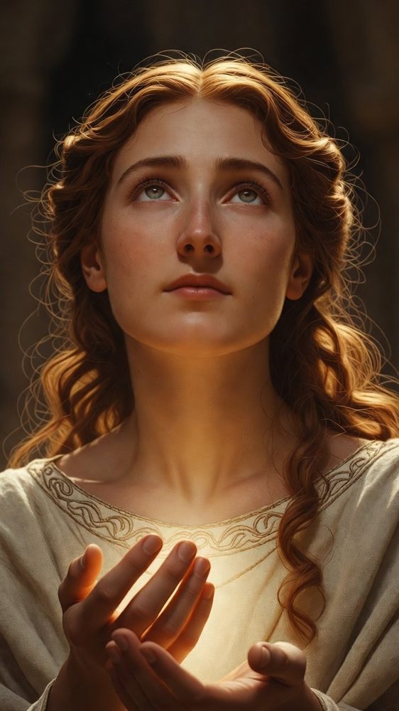 Iaso the Healer — auburn-haired woman bathed in golden light, gazing upward with hands raised