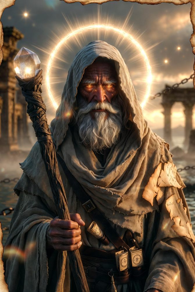 Methiel the Seer — hooded elder with a glowing halo and a crystal-topped staff amid antediluvian ruins